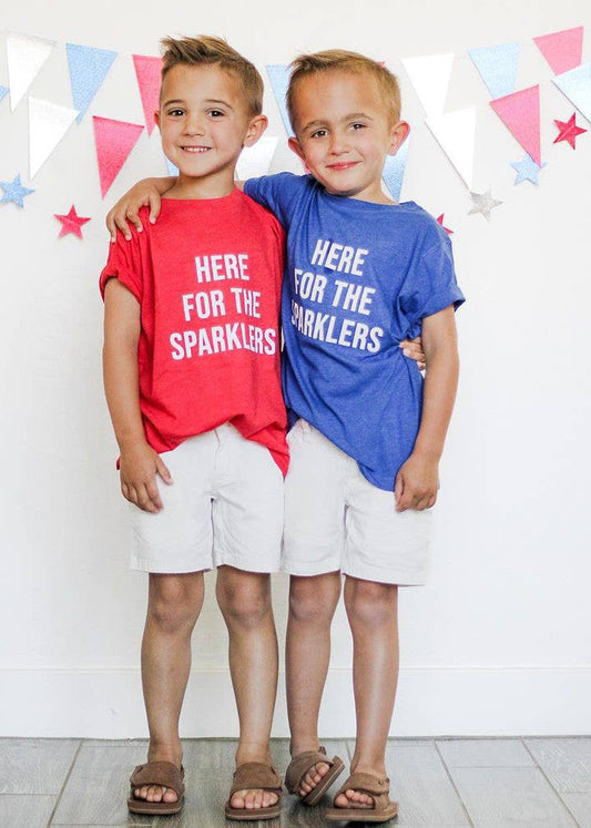 Two little boys wearing out "Here for the Sparklers" Kids 4th of July Tee.