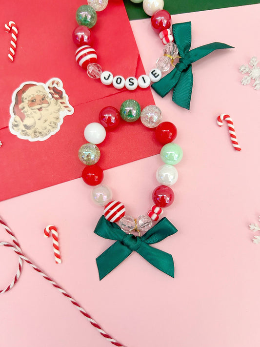Christmas Holiday Ribbon Bow Charm Bracelet, Custom Name