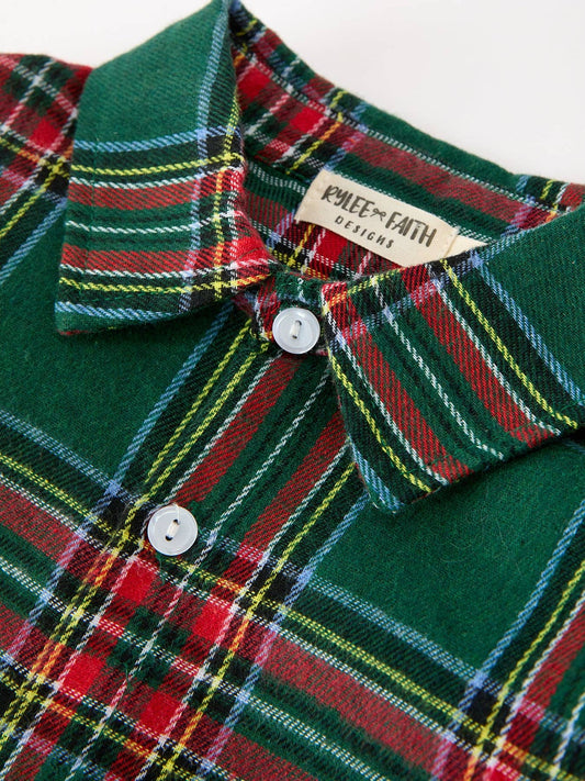 Collar and brand label detail on the boys Christmas plaid button down shirt