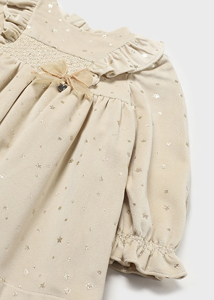 Champagne Ruffle Velvet Smocked Dress