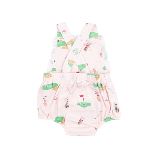 Baby girl's ruffle bubble in golf things pink pattern.