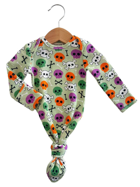 Organic Waffle Knotted Gown, Candy Skulls Green