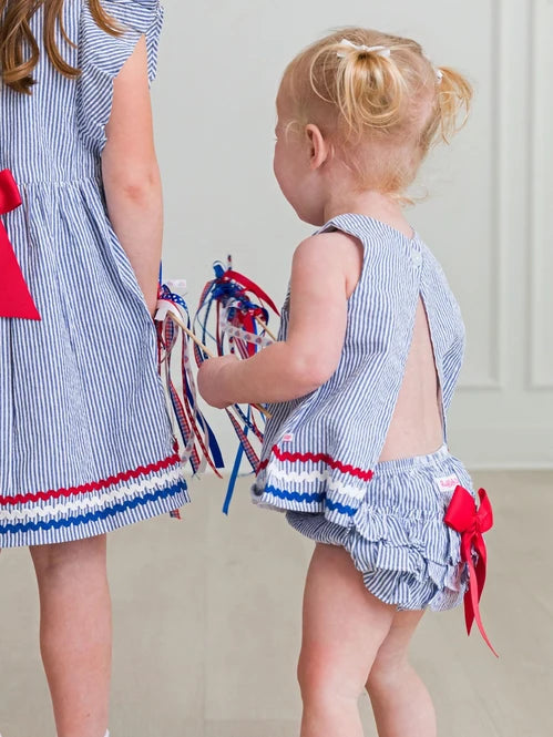 Classic Blue Americana Seersucker Ric Rac Swing Top & Bloomer Set