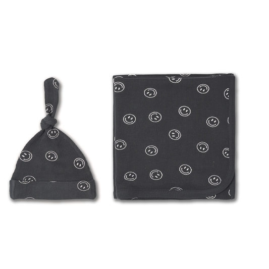 Organic Swaddle Blanket & Hat Set - Happy Face