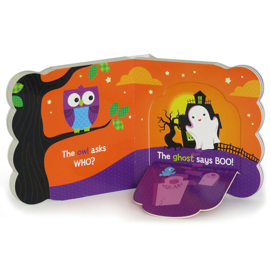 Inside spread of the Cottage Door Press Babies Love Halloween board book with an owl and ghost flap, shown with flaps lifted