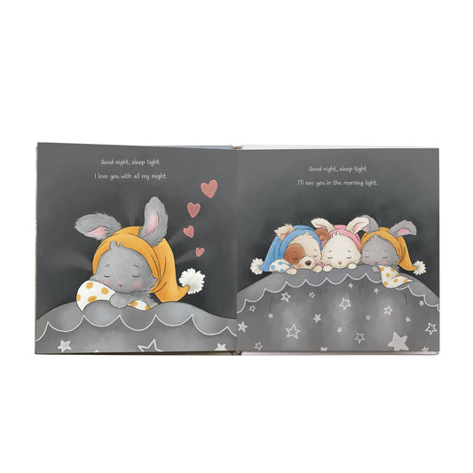 Illustrated book page with cartoon bunnies and text on a gray background