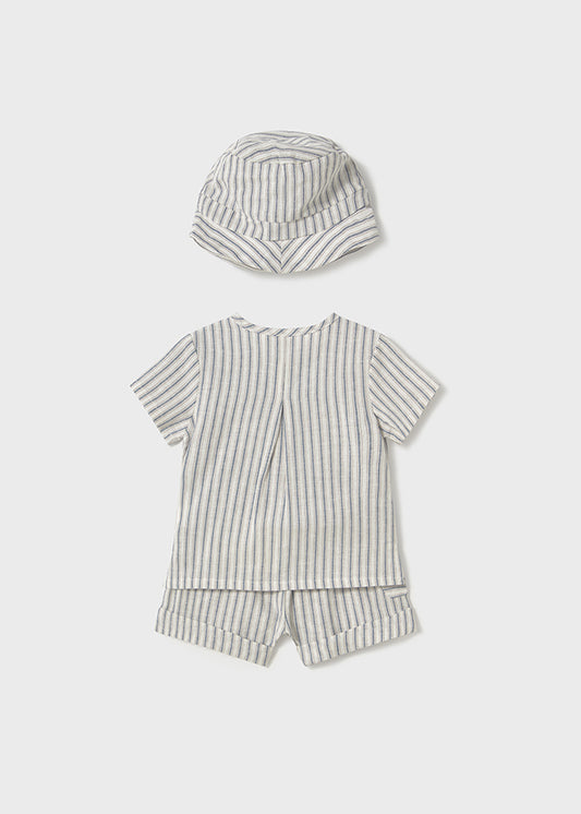 back view of newborn and baby boy 3-Piece Striped Linen Shirt and Short Set with Hat.