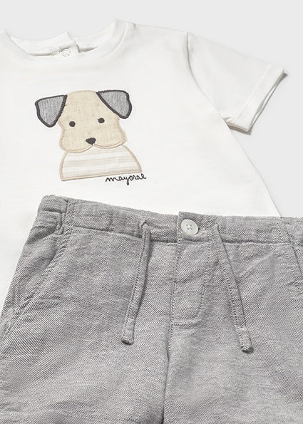 Baby boy's charcoal Bermuda shorts with a white t-shirt featuring a puppy dog graphic.