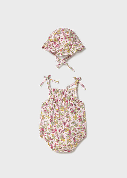 Newborn Baby Pink Floral Romper and Hat Set