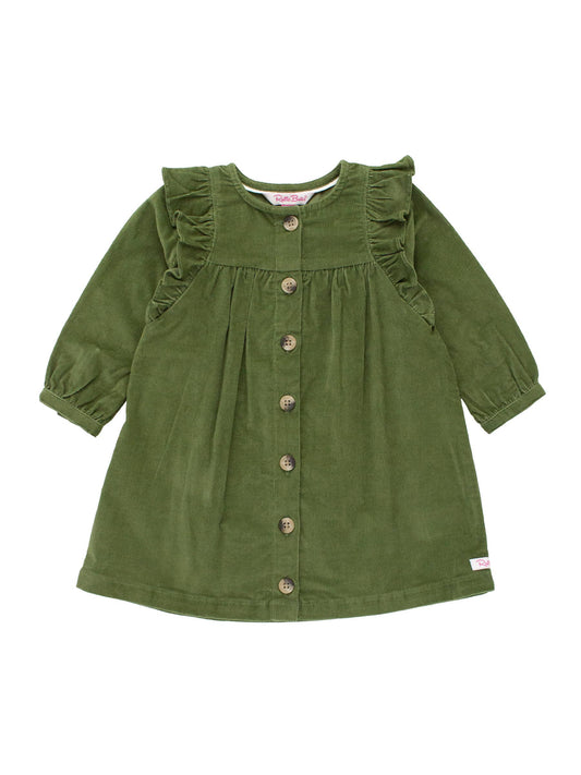 Girls Dusty Olive Stretch Corduroy Ruffle Detail Dress