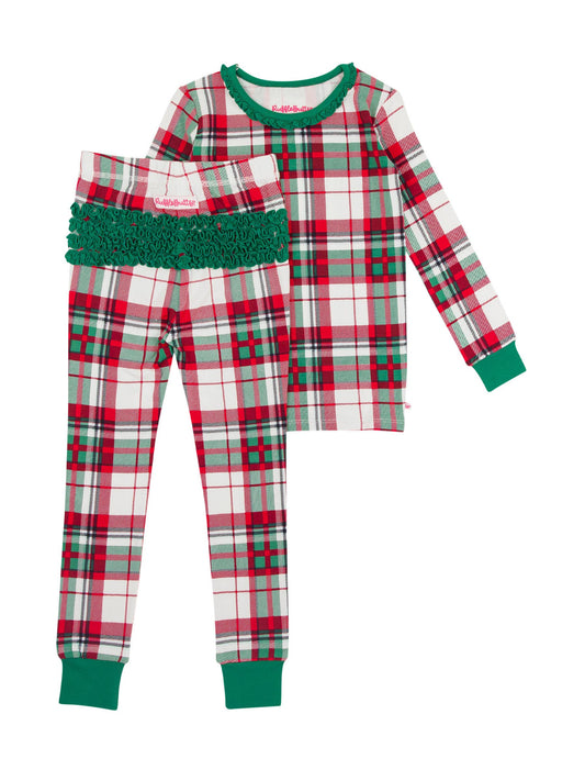 Girls Dashing Dreams Plaid Modal Ruffle Long Sleeve Pajama Set