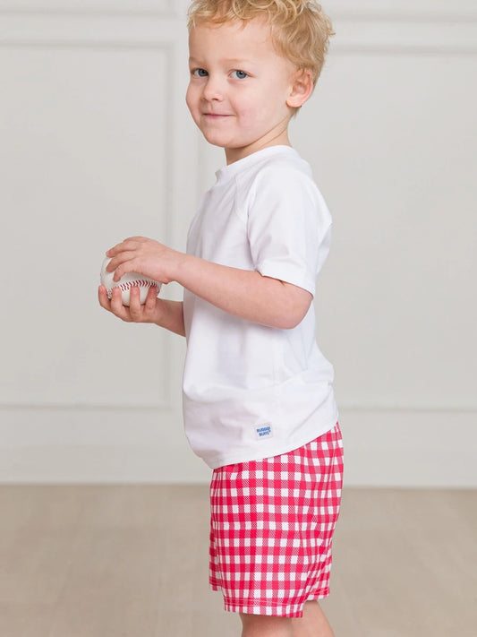 Boys Vintage Red Gingham Swim Trunks