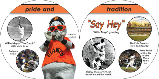 Inside spread of the San Francisco Giants 101 board book on pride and tradition, with mascot Lou Seal and Willie Mays