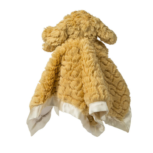 Back view of the Mary Meyer Putty Nursery Golden Puppy Character Blanket showing the textured fabric and satin trim