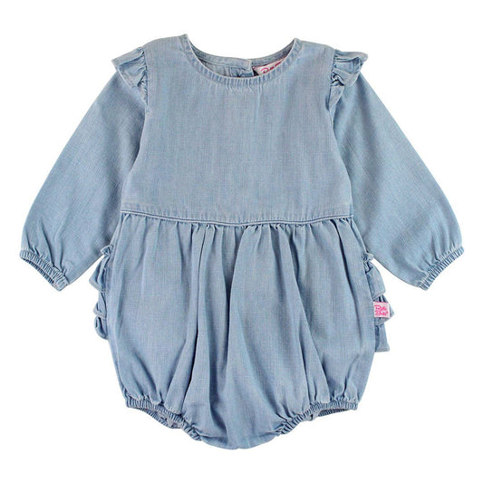 Baby Girls Light Wash Denim Long Sleeve Flutter Bubble Romper