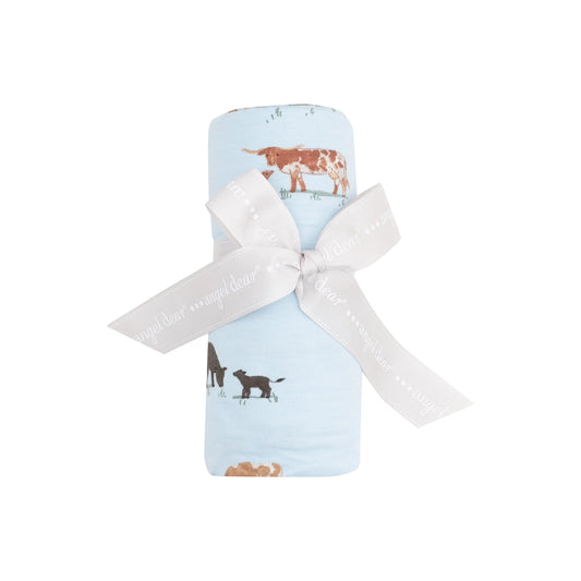 Bamboo Swaddle Blanket - Cow Families Blue - measuring 45X45 inches