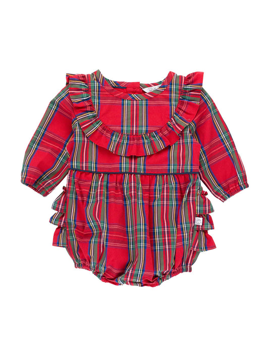Baby Girls Tis The Season Plaid Long Sleeve Ruffle Trim Bubble Romper