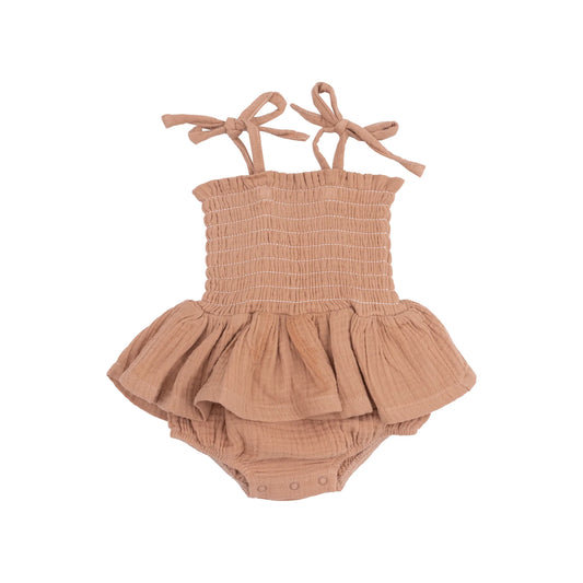 Solid Muslin Camel Smocked Bubble With Skirt