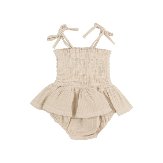 Solid Muslin Oxford Tan Smocked Bubble with Skirt