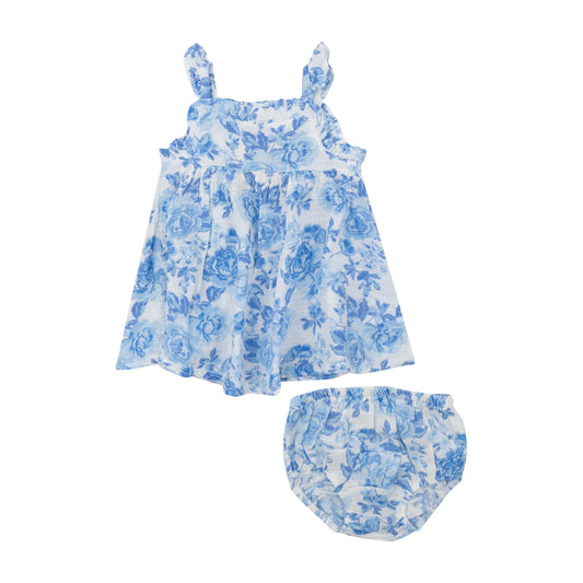 Front image of Paperbag Ruffle Sundress, Roses in Blue with matching diaper cover.
