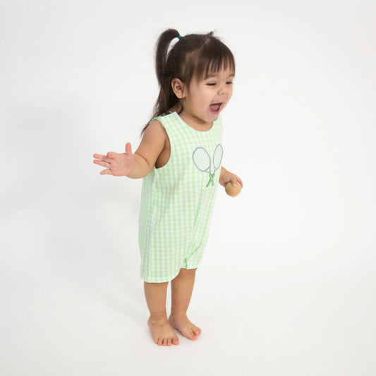 Sleeveless Tennis Shortie Romper. Mini Gingham Green with Tennis Racket Appliqué.