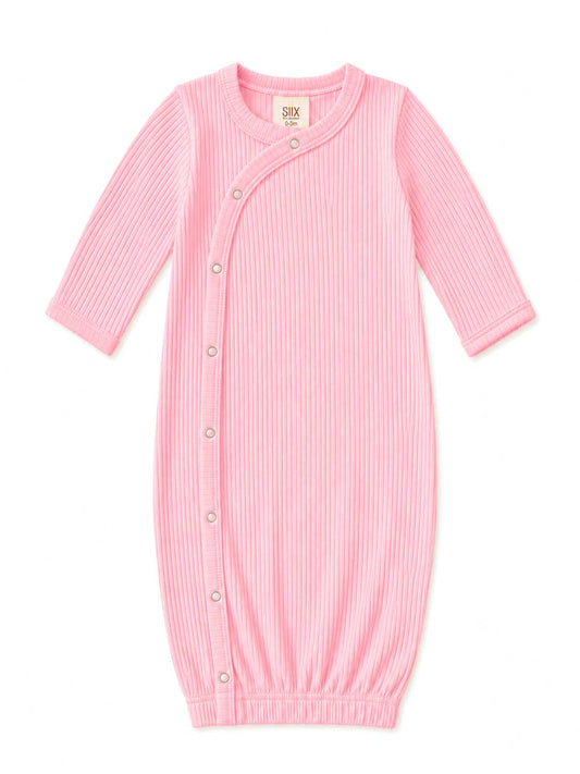 SIIX Collection pink ribbed baby gown, flat lay front view with fold-over cuffs