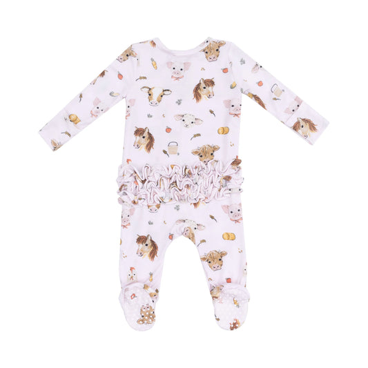 Vintage Animal Faces - 2 Way Ruffle Zipper Ruffle Back Footie