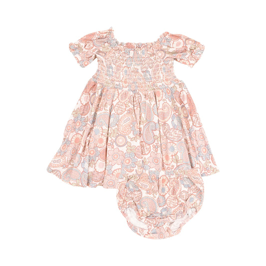 Puff Sleeve Twirly Dress with Smocking - Folk Paisley