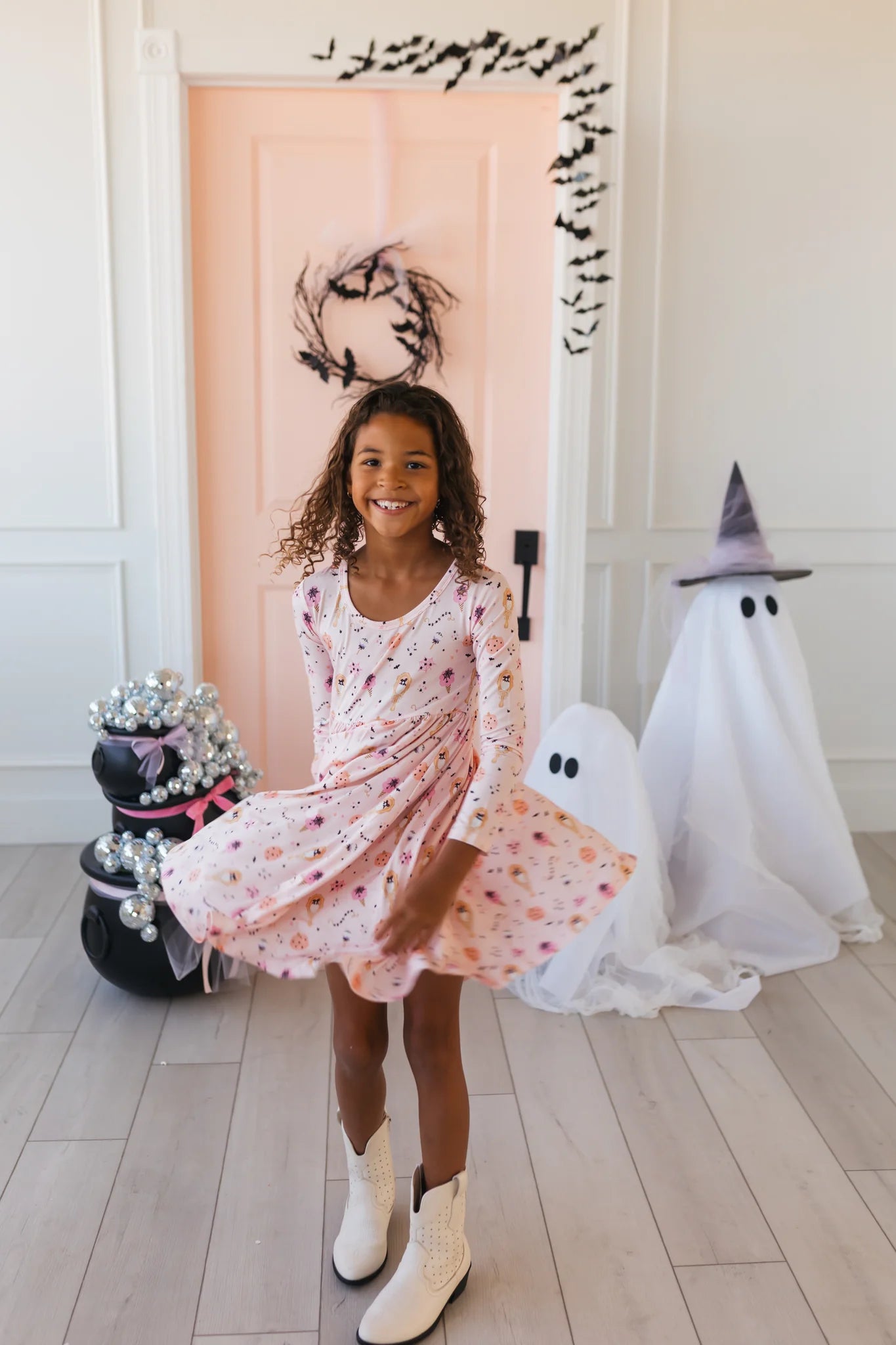 long sleeve twirly dress Simply Soft Long Sleeve Twirl Dress Neon Lt Pink Leopard Splatter / 2