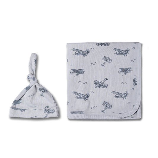 Organic Swaddle Blanket & Hat Set - Airplanes