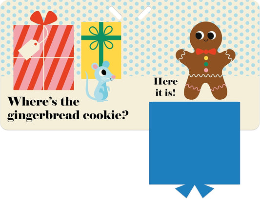 Inside spread of Where’s the Snowman? stroller book with a Where’s the gingerbread cookie? page and a blue felt flap