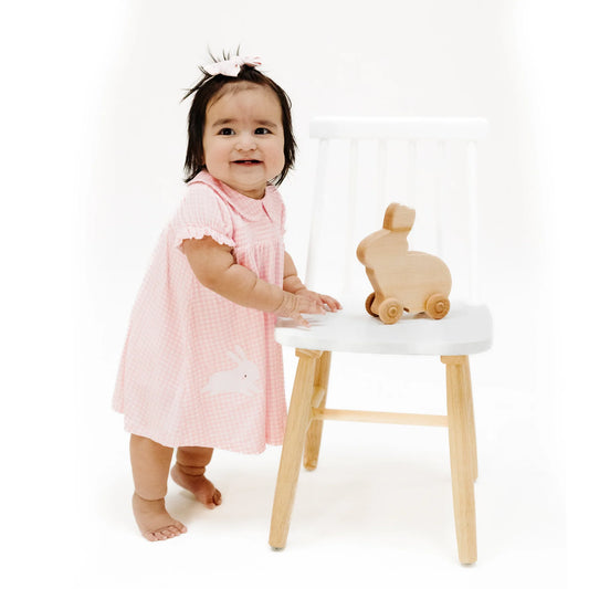 Classic Smocked Peter Pan Collar Dress with Bunny Appliqué and Diaper Cover - Mini Gingham Pink