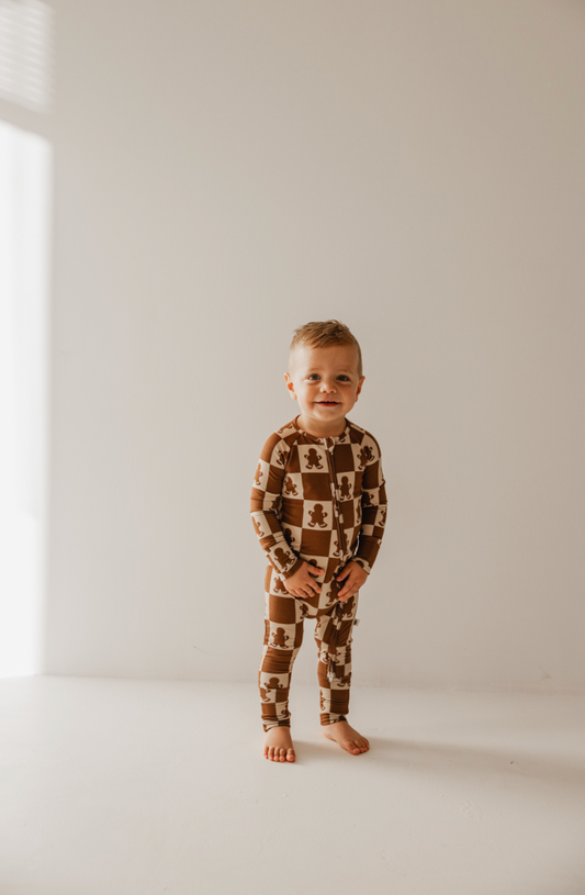 Bamboo Zip Pajamas | Gingerbread Checkerboard