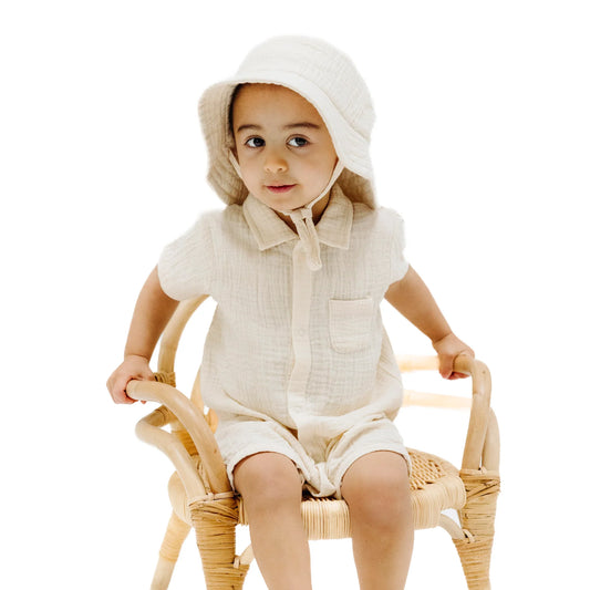 Little boy wearing Button Down Polo Shortie - Muslin White Swan