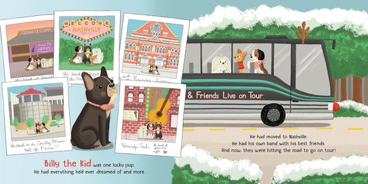 Inside spread of Billy the Kid Comes Home for Christmas showing Billy the dog riding a tour bus past snowy town scenes