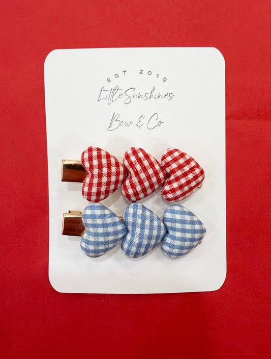 4th of July Plaid Hearts Hair Clips
