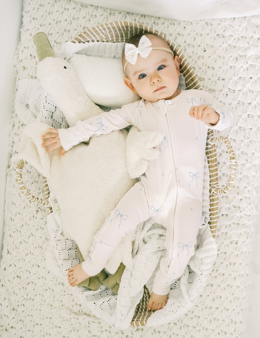 Bamboo Ribbed Convertible Romper in Blue Bows