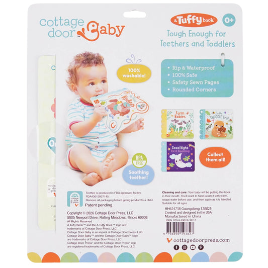 Back of the Cottage Door Press My First Rodeo Tuffy book packaging listing its washable, chewable features