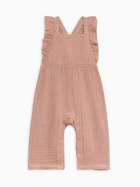 100% organic muslin overalls in dusty mauve color