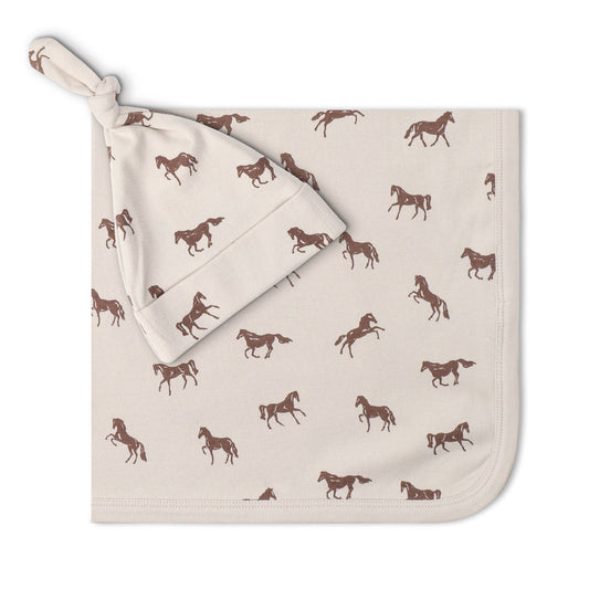 Organic Swaddle Blanket & Hat Set - Horses