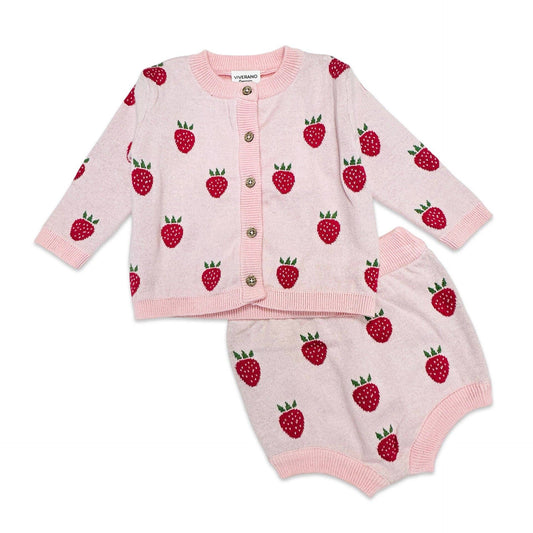 Strawberry Jacquard Knit Baby Cardigan & Bloomer