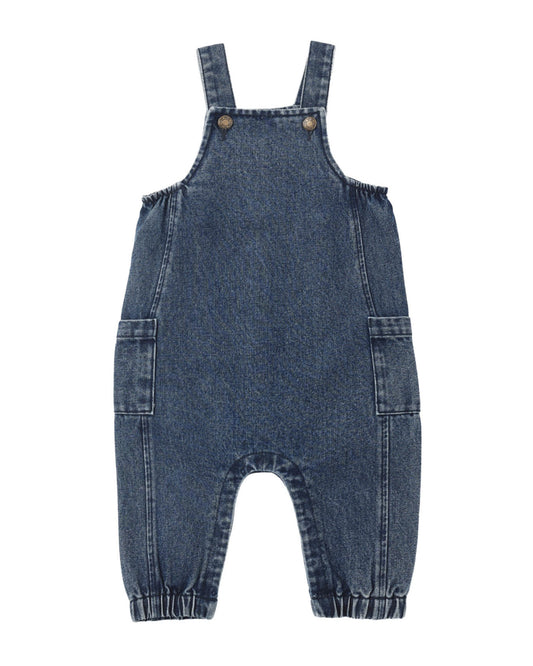 Rylee + Cru Cargo Baby Overall in indigo denim, product photo of the baby overalls