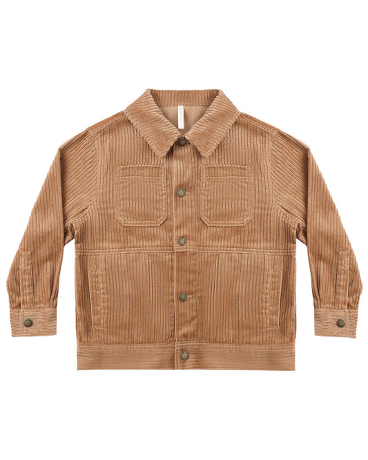 Rylee + Cru Chore Coat in fawn corduroy, snap-up kids' jacket shown on a white background