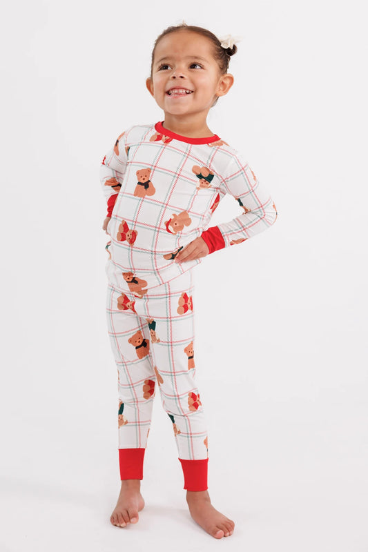 Child wearing the Cozy Christmas Bears two piece bamboo pajama set