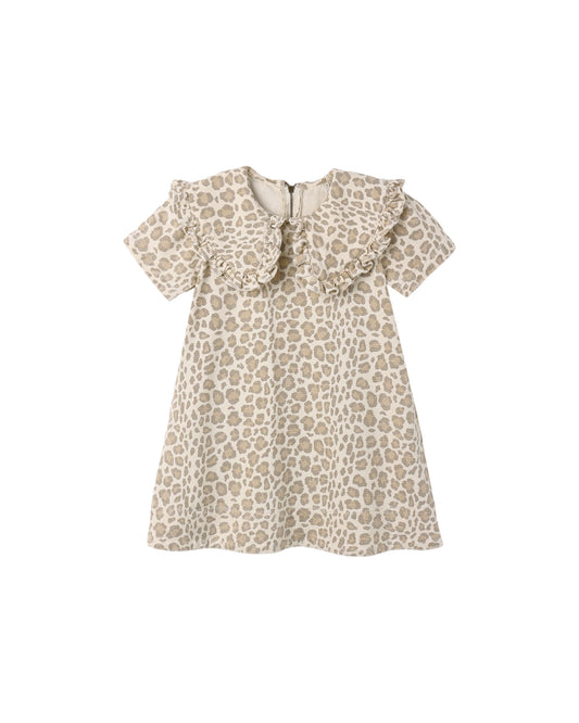 Rylee + Cru collared denim mini dress in leopard print, flat lay front view showing the oversized collar
