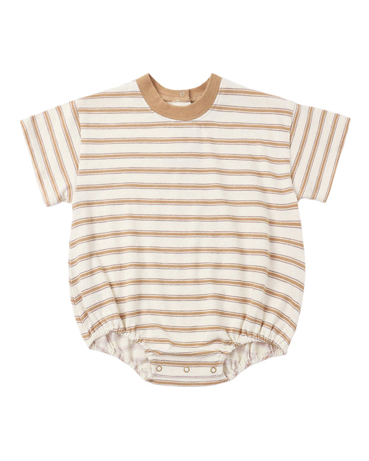 Rylee + Cru Relaxed Bubble Romper in fawn stripe, product photo of the baby bubble romper