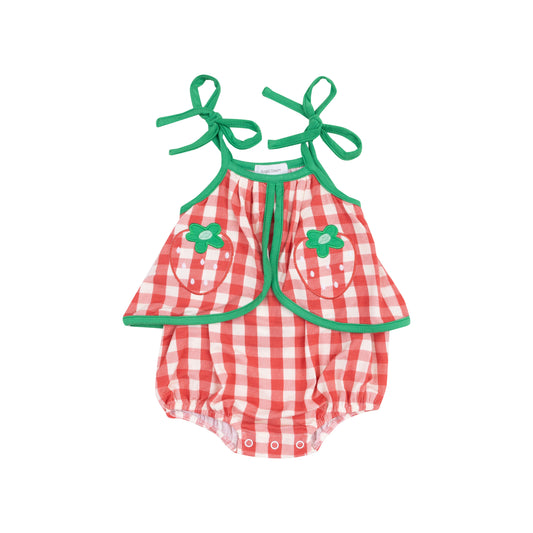 Strawberry Gingham, Swing Front Sunsuit with Appliqué Front