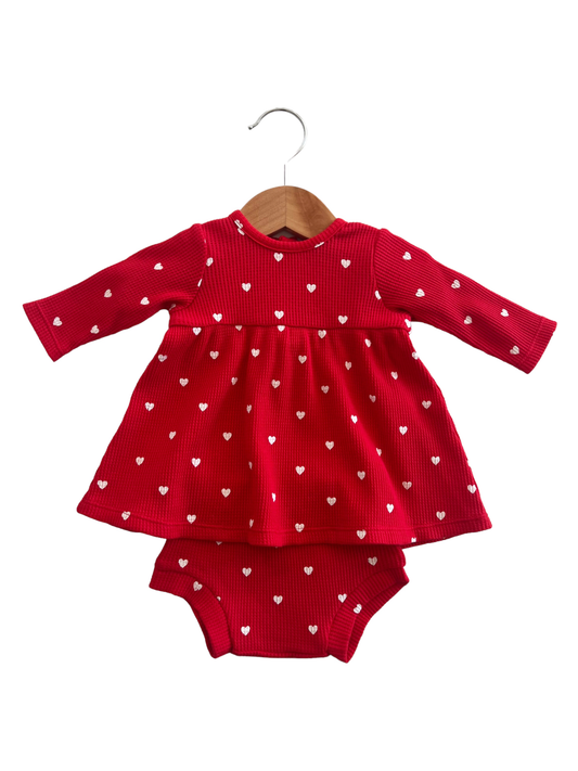 Organic Waffle Simple Dress & Bloomer, Little White Heart on Red