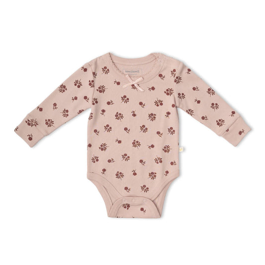 Pink long sleeve organic bodysuit in the Rosebud floral print