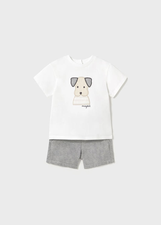 Baby boy's charcoal Bermuda shorts with a white t-shirt featuring a puppy dog graphic.
